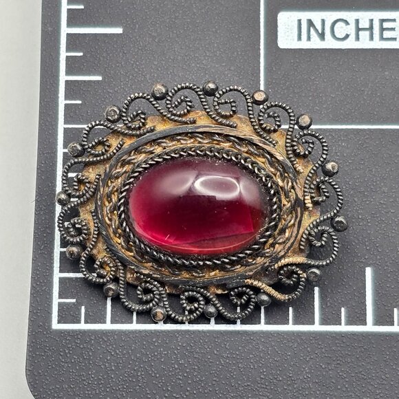 Antique Sterling Silver Purple Glass Brooch/Pendant 1.5" Rope & Scrolled Details - Picture 7 of 11